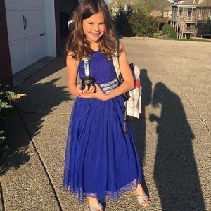 Blue party dress with rhinestone detail.